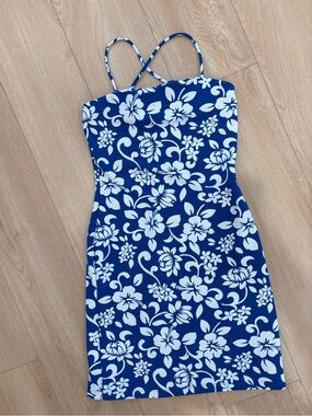 Pelican Cove Blue & White Floral Spaghetti-Strap Mini summer Dress